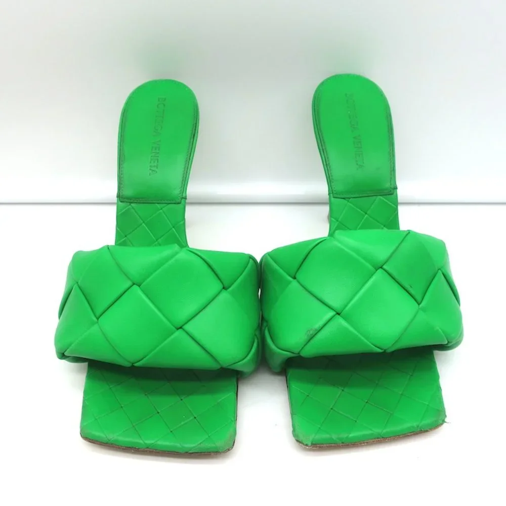 BOTTEGA VENETA LIDO MULES GRASS INTRECCIATO LEATHER SIZE 37.5 HIGH HEEL SANDALS - Picture 4 of 12